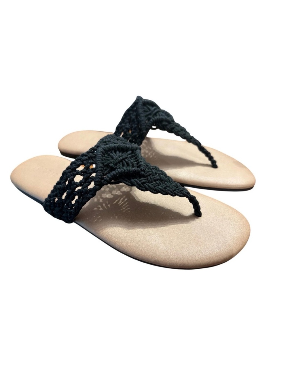 Torrid Macramé Sandals 11W – Black Woven Faux Leather Boho T‑Strap, Tan Footbed.
